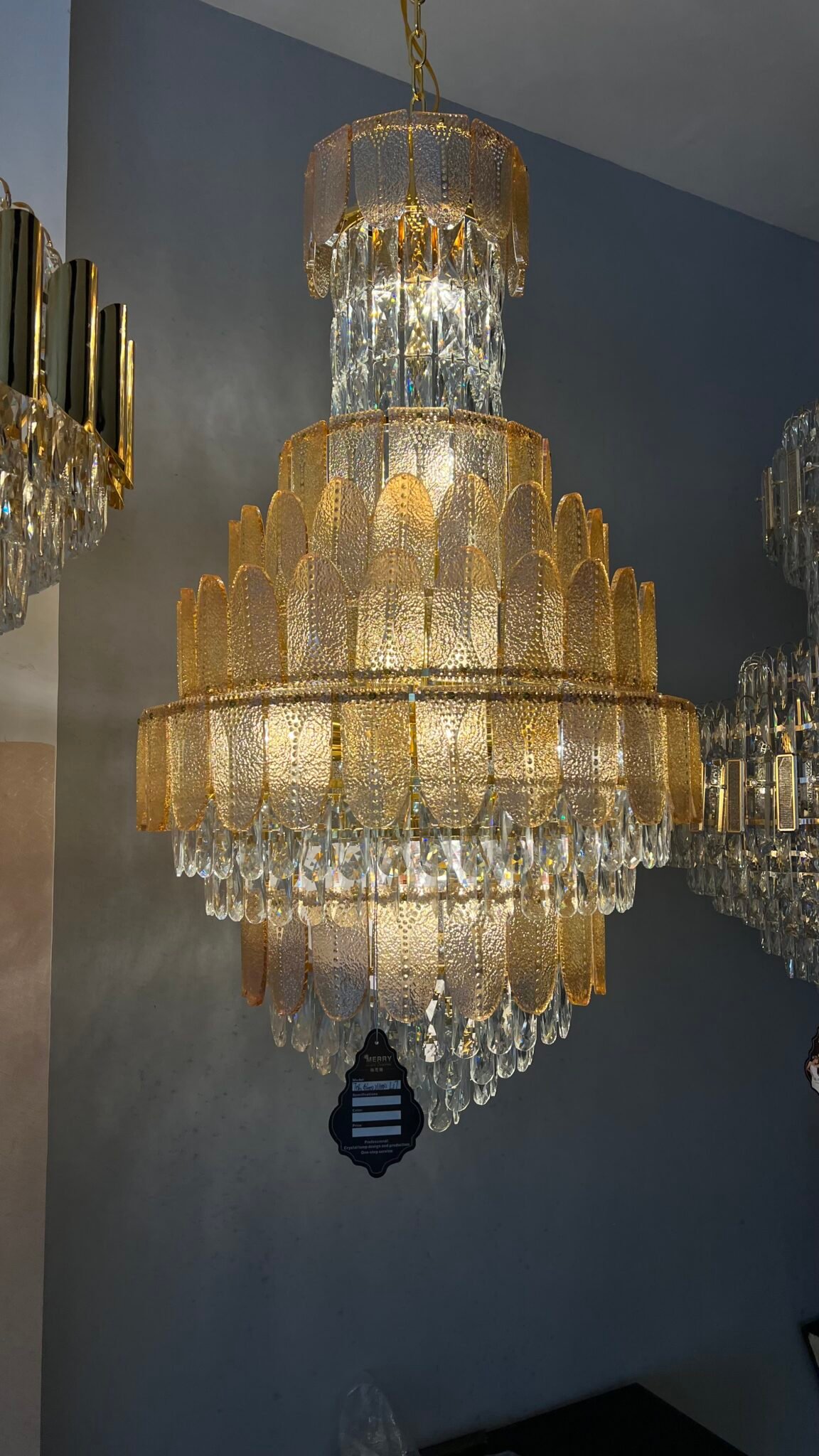 Golden Textured Crystal Chandelier – Luxurious Multi-Tier Design