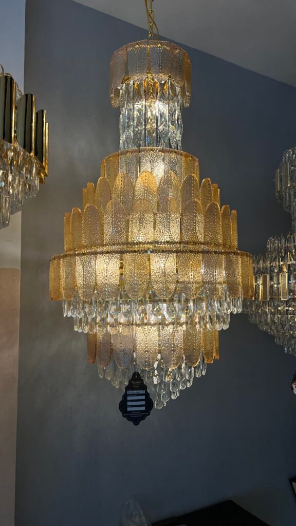 Golden Textured Crystal Chandelier – Luxurious Multi-Tier Design