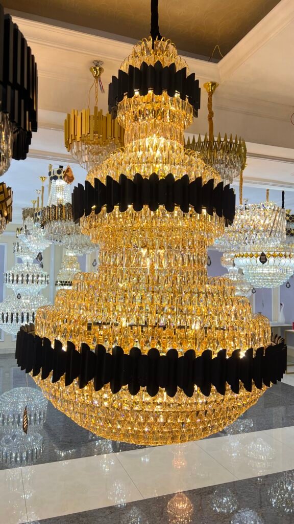 Majestic Gold & Black Crystal Chandelier – Grand Multi-Tier Design