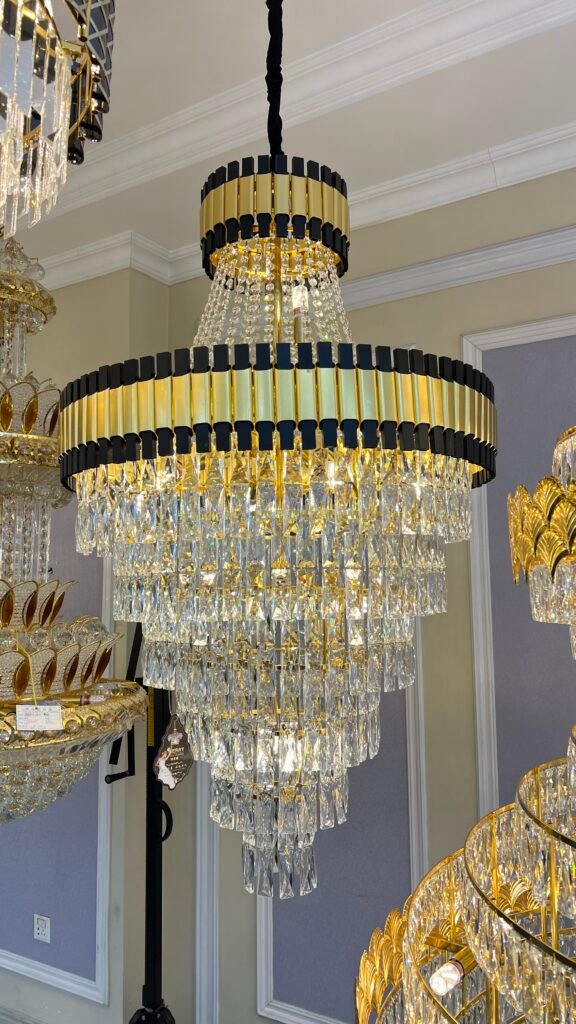 Modern Gold & Black Crystal Chandelier – Cascading Elegance