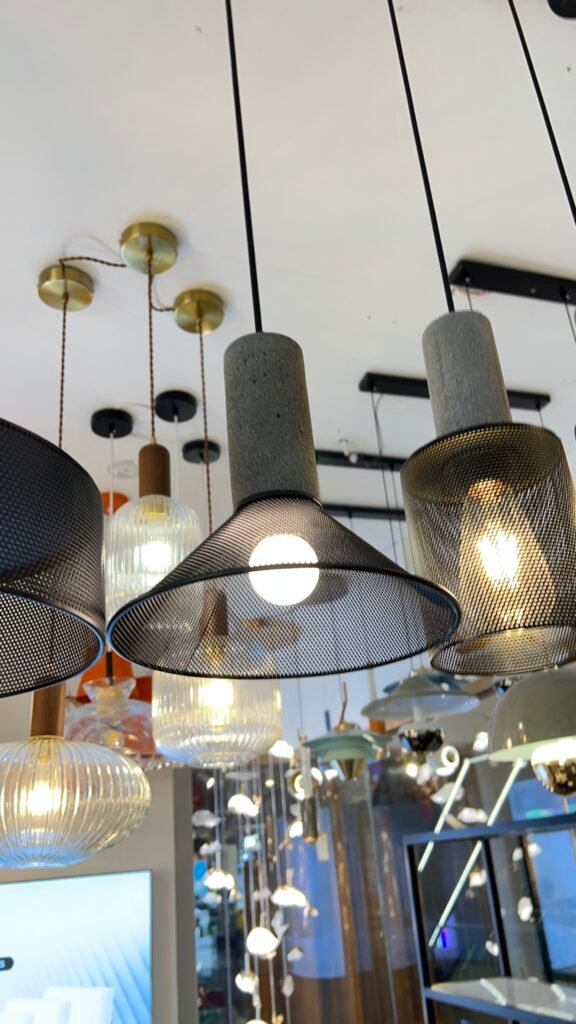 Industrial Mesh Hanging Light – Black & Concrete Finish