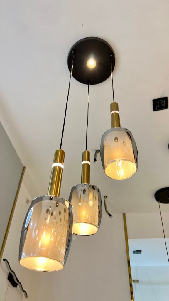Luxury Gold & Smoked Glass LED Pendant Light – 3-Lamp Cluster