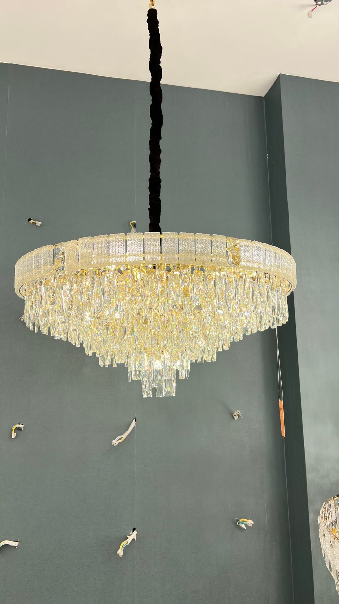 Crystal Cascade Chandelier with Golden Bands
